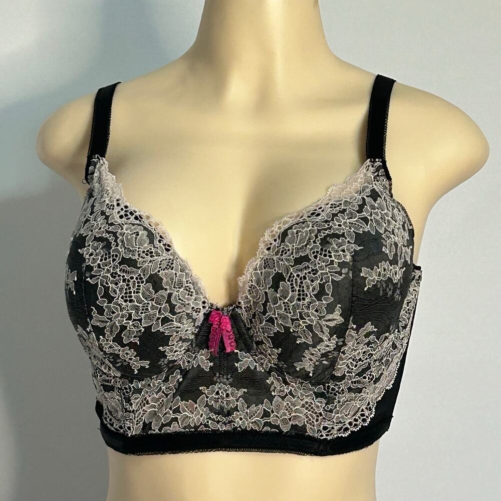 Victoria’s Secret 36D Lined Demi Longline Bra Black White Lace Pink Bow Sexy